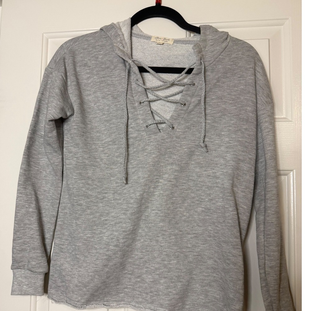 Ultra Flirt Women XS Heather Gray Lace Up Hoodie Pullover Raw Hem Sweatshirt Y2K